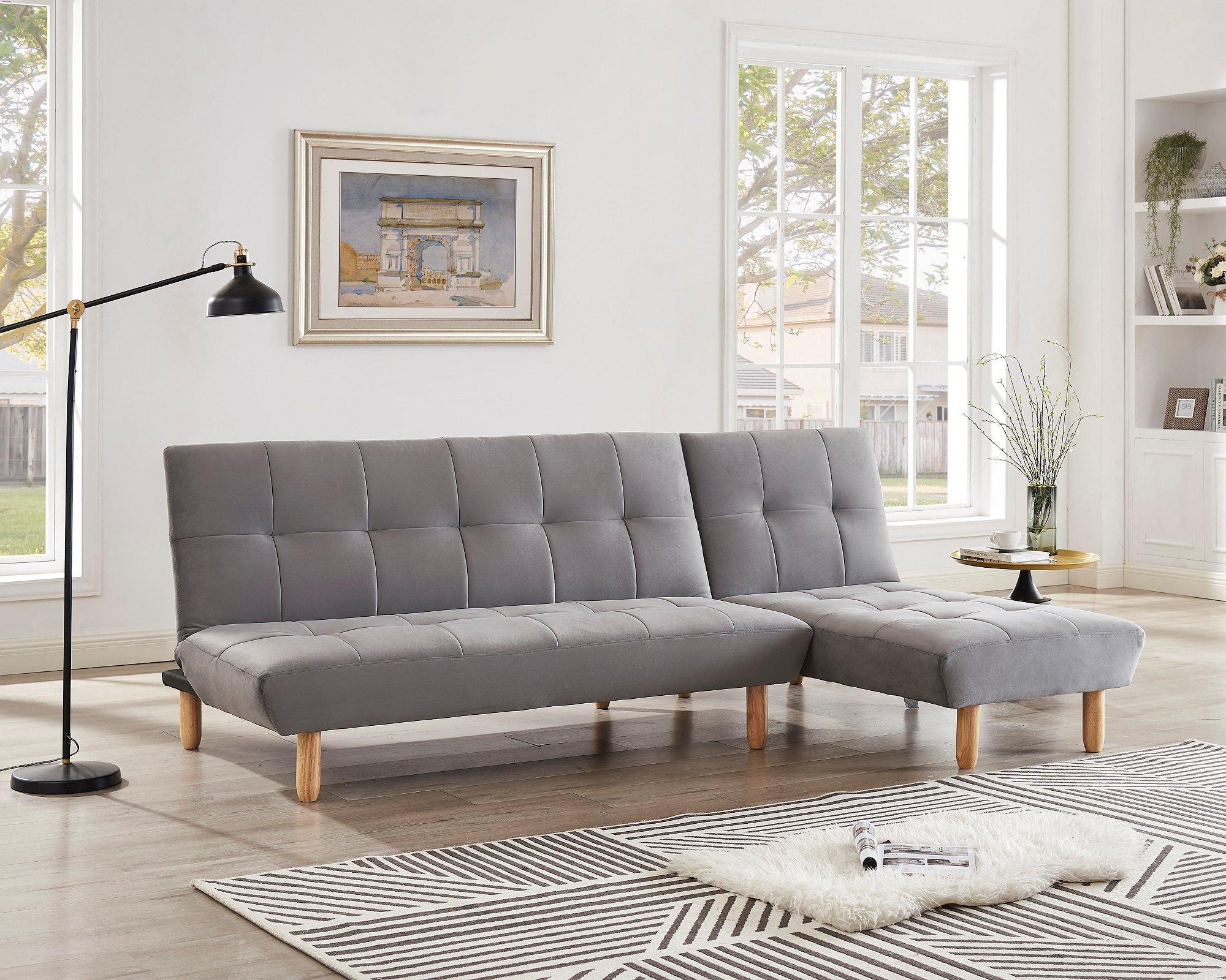 Morgan L-Shaped Sofa Bed With Tufted Fabric and Chaise Section and Wooden Legs